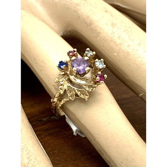 Cocktail Ring 10k Yellow Gold Multi Colored Stones Women's Estate Jewelr… - Picture 6 of 16
